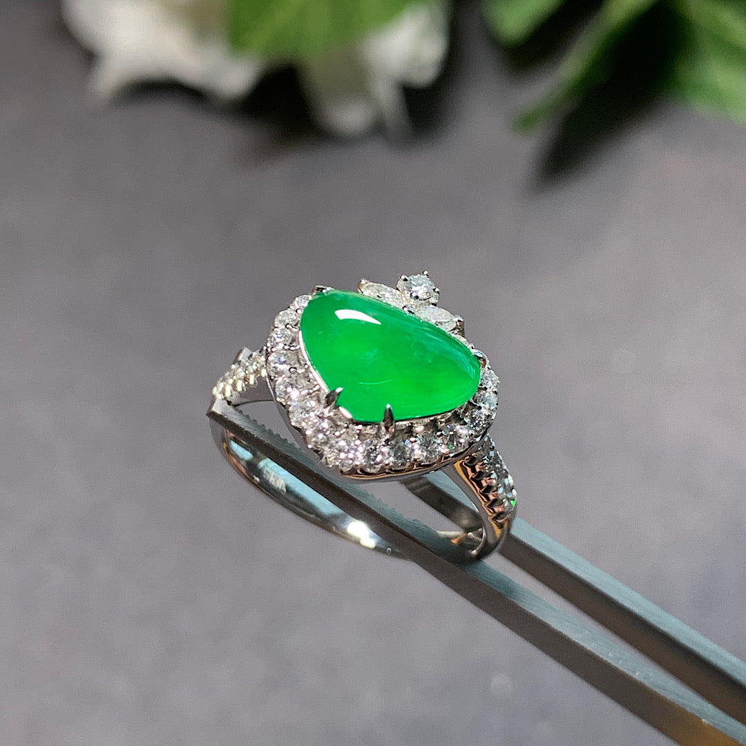 MT20210007 美瞳天然翡翠A货 冰玻种阳绿心形翡翠戒指