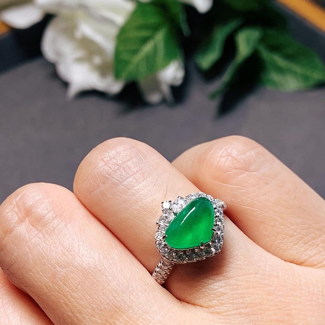 MT20210007 美瞳天然翡翠A货 冰玻种阳绿心形翡翠戒指