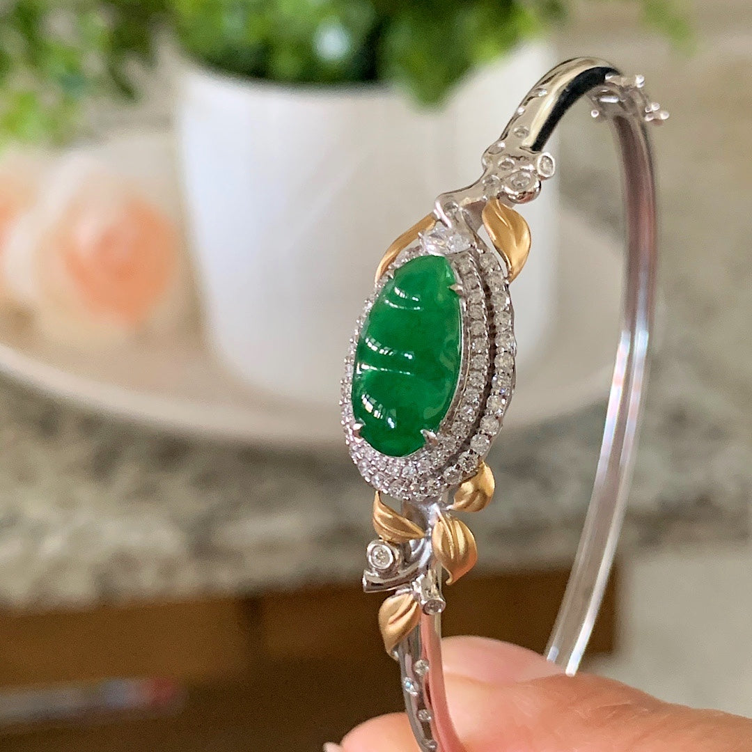 MT20210006 美瞳天然翡翠福豆k金手镯