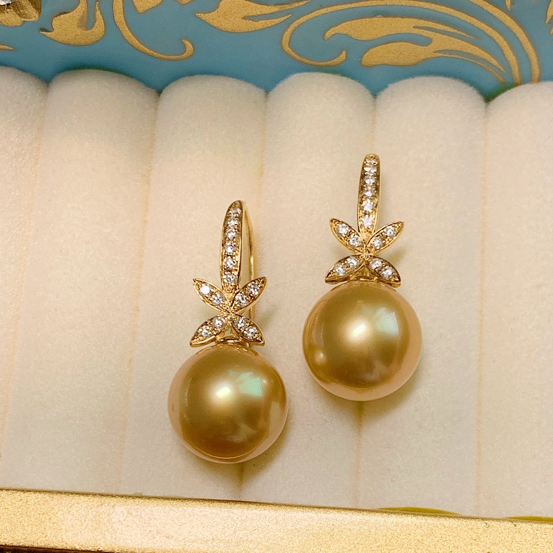 MT20210001 美瞳珍珠 天然南洋金珠四叶草款钻石耳环