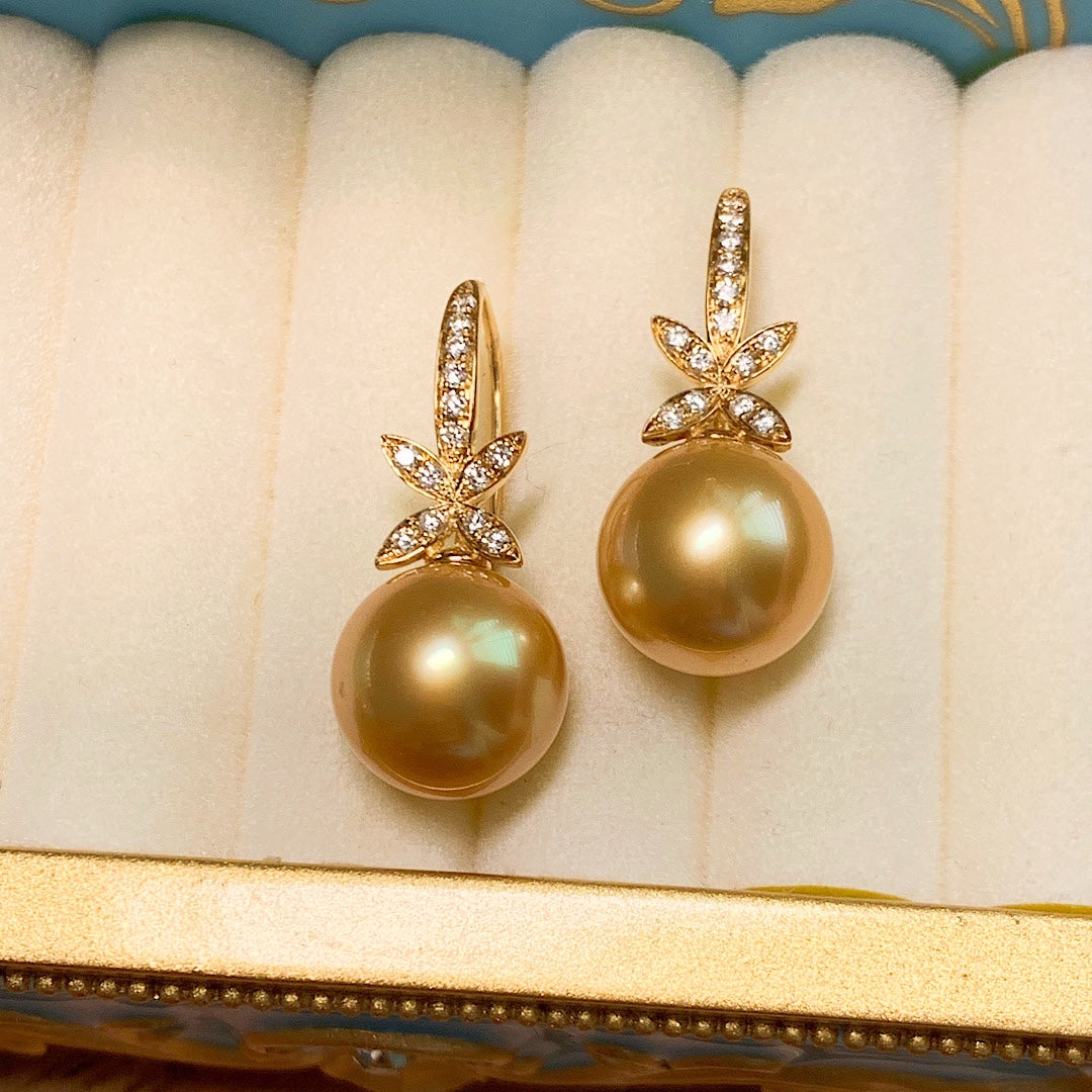 MT20210001 美瞳珍珠 天然南洋金珠四叶草款钻石耳环