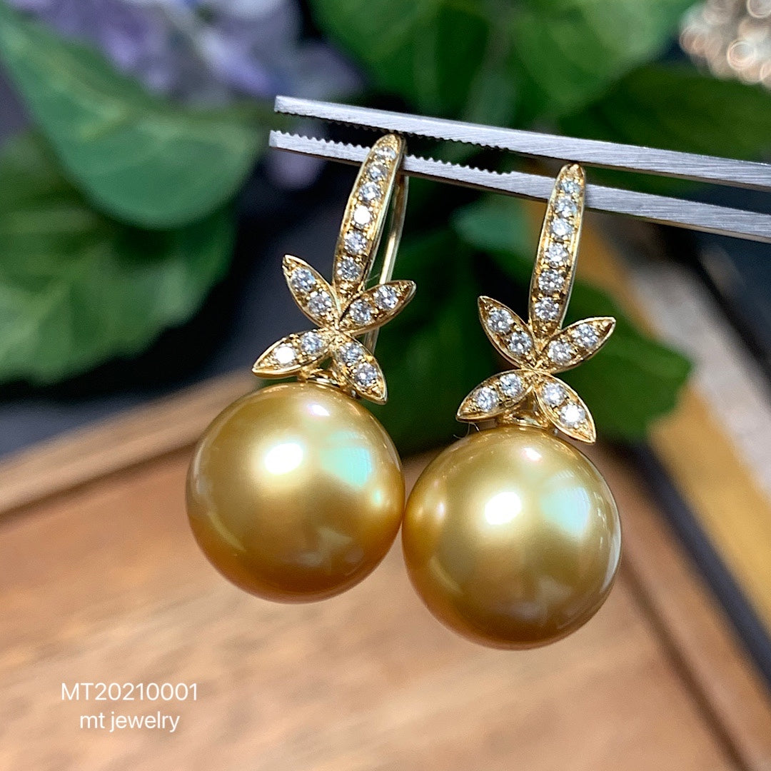 MT20210001 美瞳珍珠 天然南洋金珠四叶草款钻石耳环