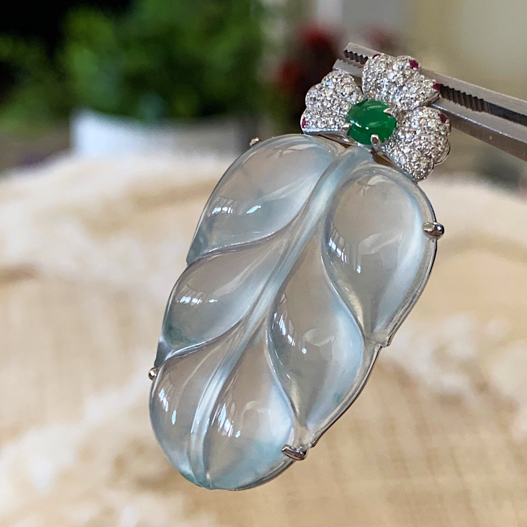 MT20210005 美瞳天然翡翠A货 完美冰玻种翡翠叶子吊坠