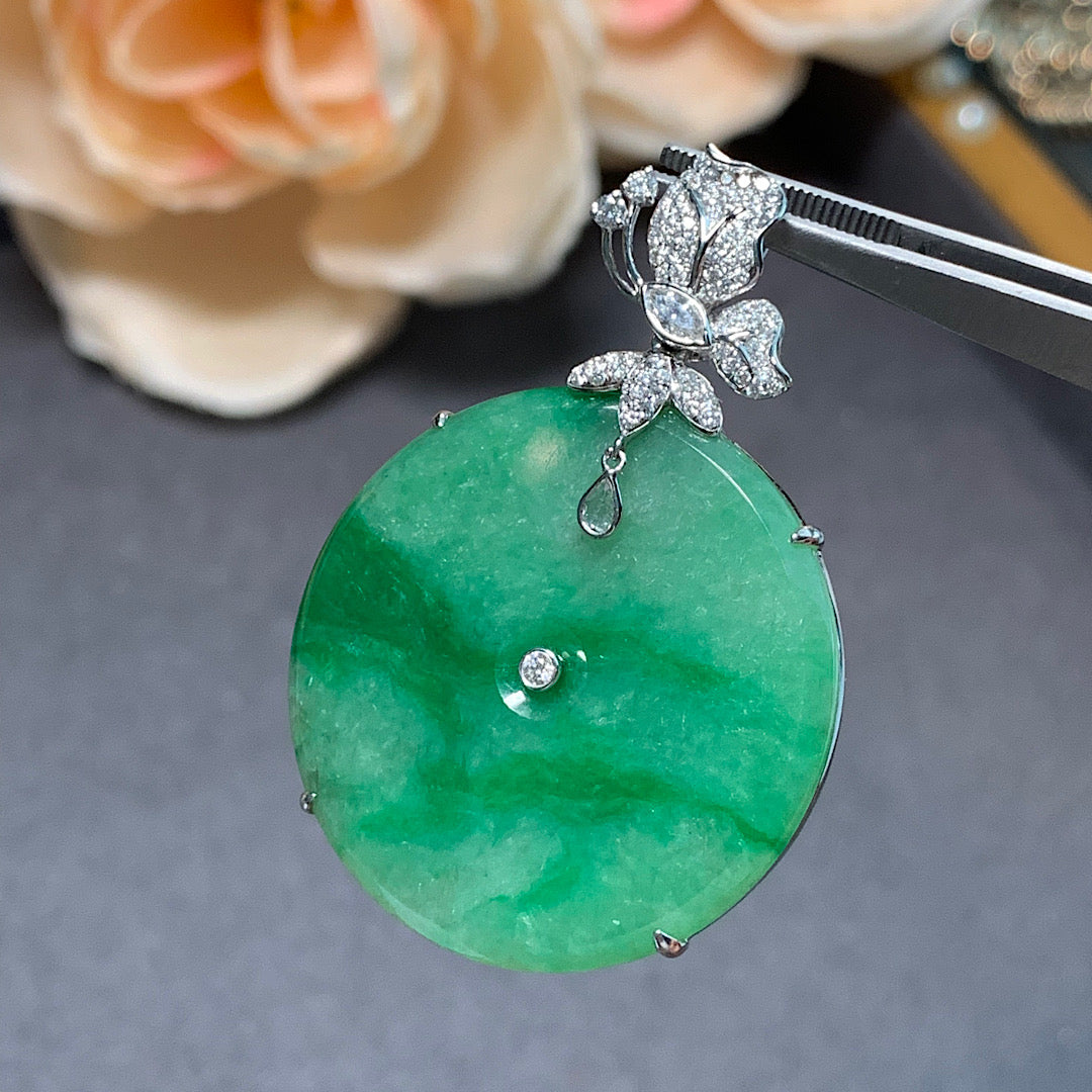 MT20210010 美瞳天然A货 冰糯种辣绿翡翠平安扣吊坠