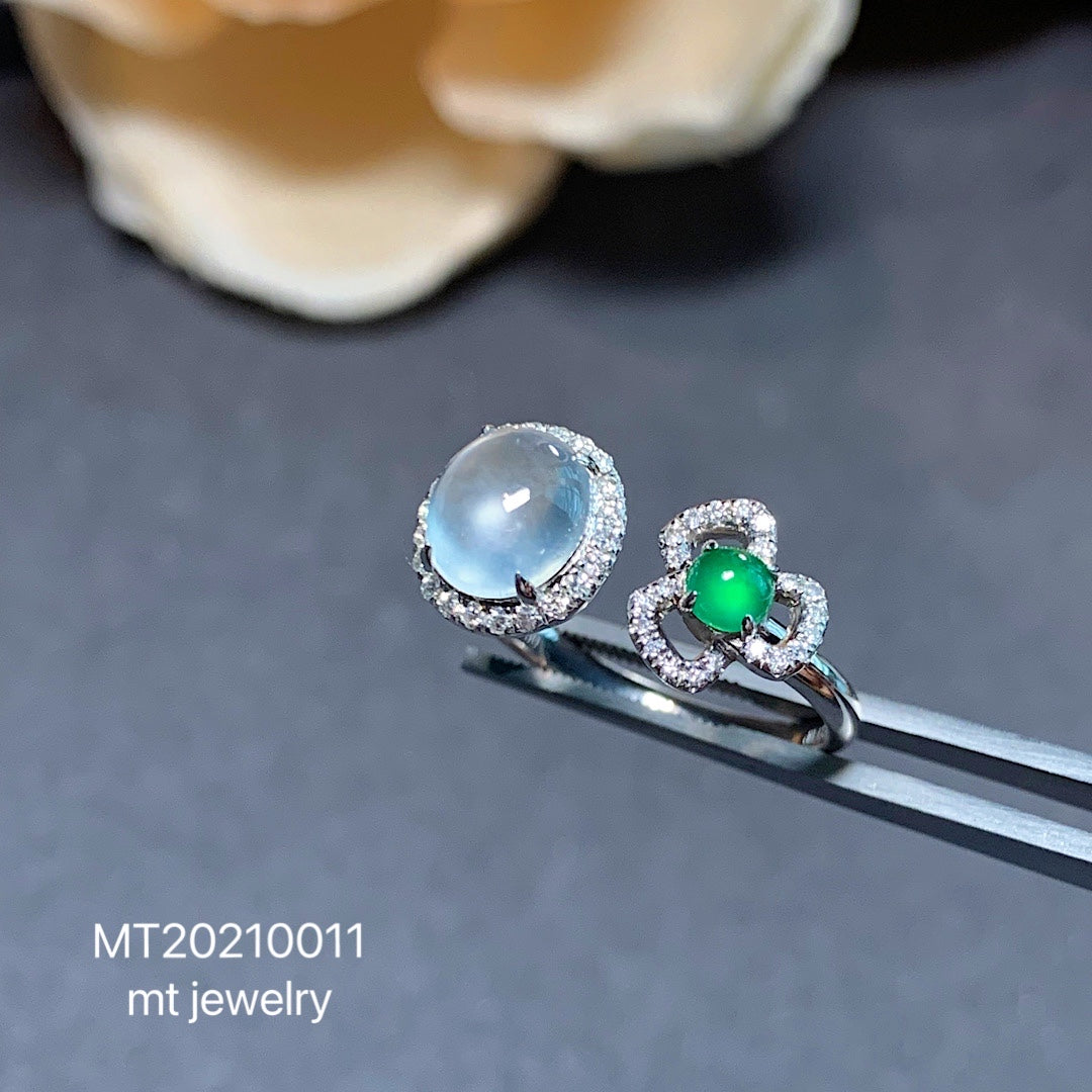 MT20210011 美瞳天然翡翠A货 玻璃种蛋面+高冰绿蛋面戒指