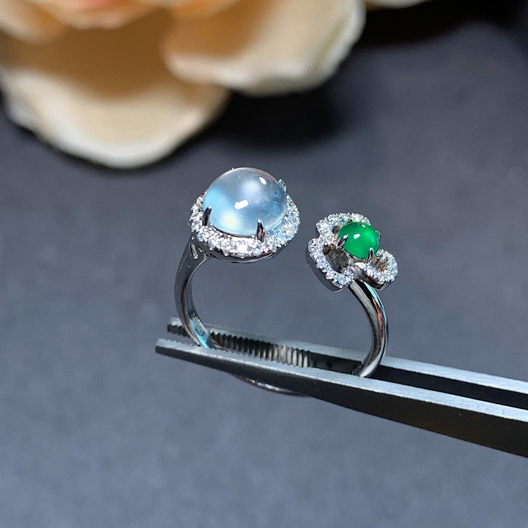 MT20210011 美瞳天然翡翠A货 玻璃种蛋面+高冰绿蛋面戒指