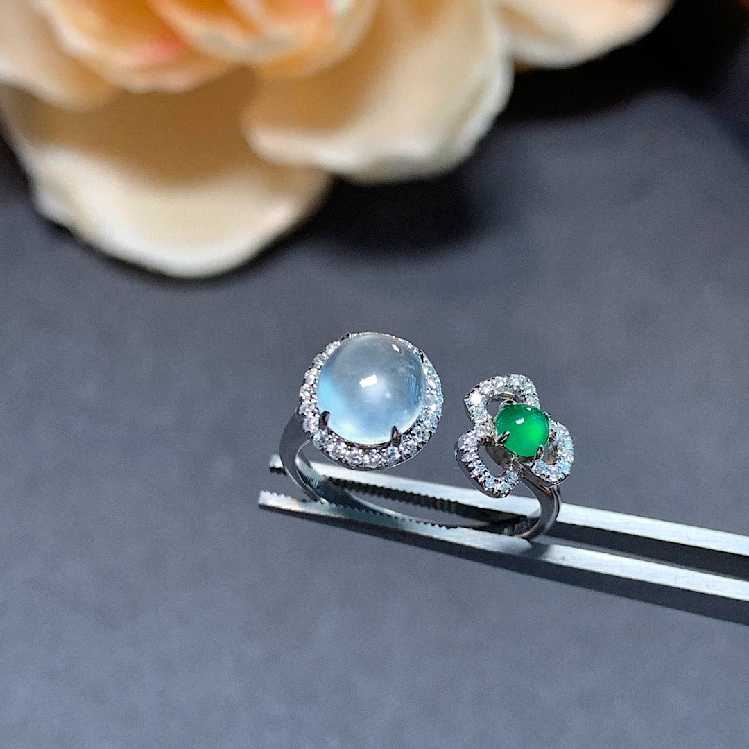 MT20210011 美瞳天然翡翠A货 玻璃种蛋面+高冰绿蛋面戒指