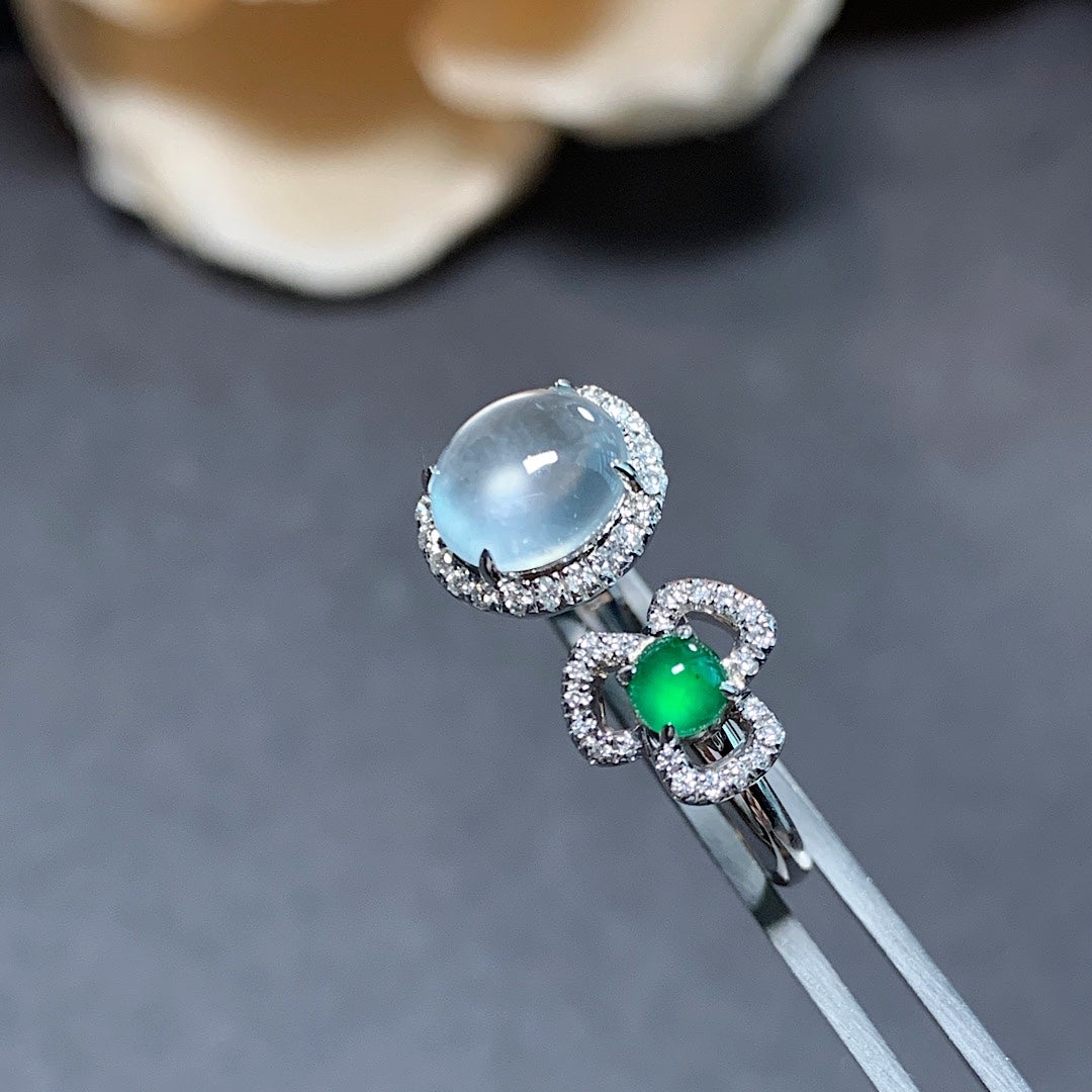 MT20210011 美瞳天然翡翠A货 玻璃种蛋面+高冰绿蛋面戒指