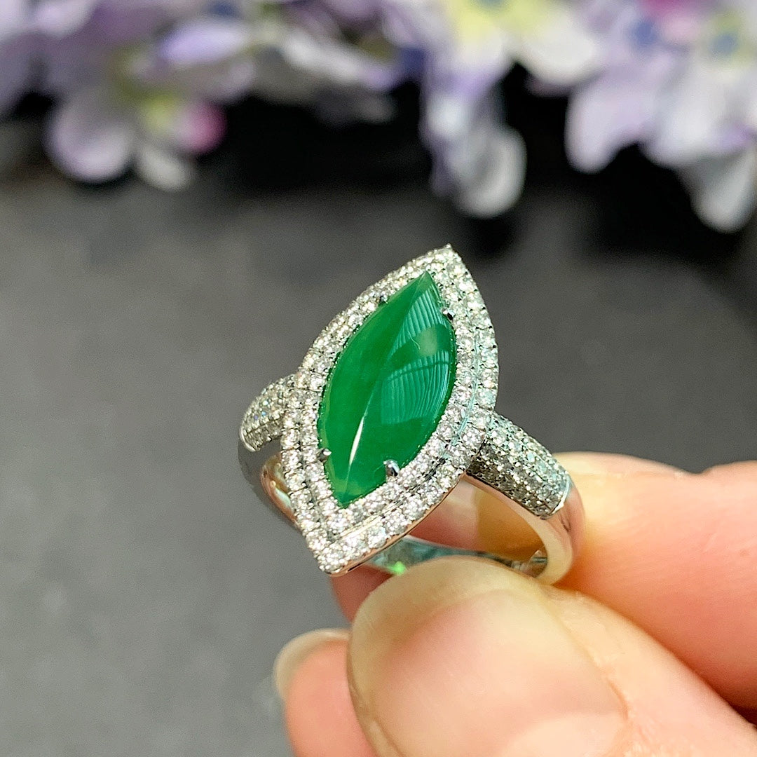 MT20210013 美瞳天然翡翠A货 冰种正绿马眼翡翠戒指