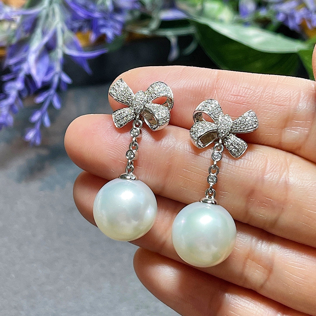 MT20220023 美瞳珍珠 天然澳白珍珠蝴蝶结🎀钻石耳环