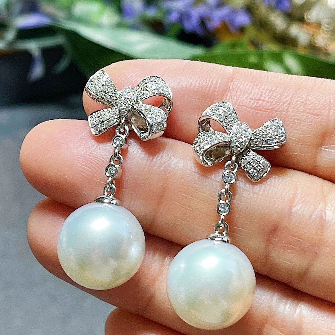 MT20220023 美瞳珍珠 天然澳白珍珠蝴蝶结🎀钻石耳环