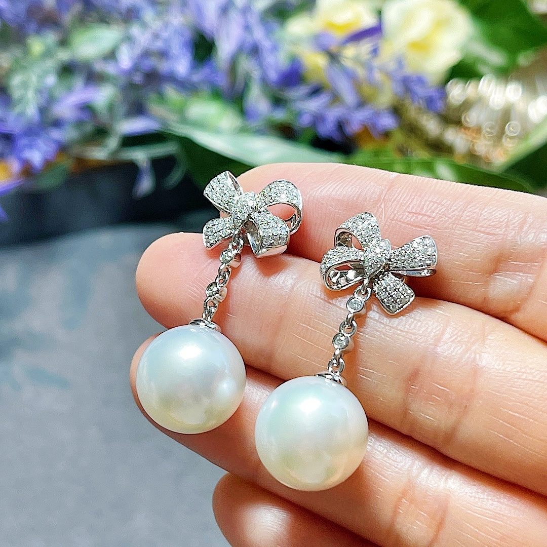 MT20220023 美瞳珍珠 天然澳白珍珠蝴蝶结🎀钻石耳环