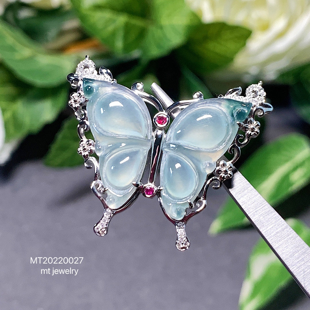 MT20220027 美瞳翡翠A货 翡翠冰种飘花蝴蝶吊坠