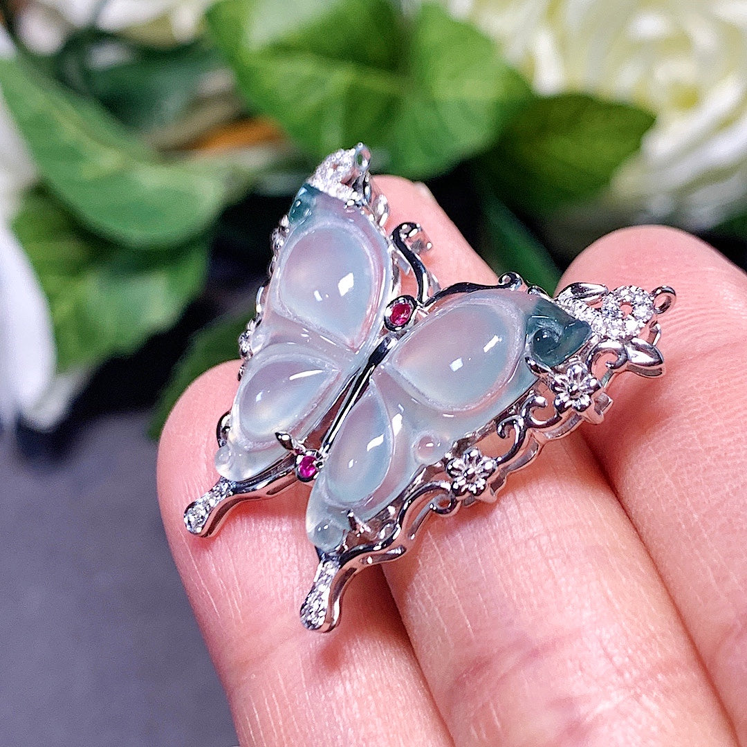 MT20220027 美瞳翡翠A货 翡翠冰种飘花蝴蝶吊坠