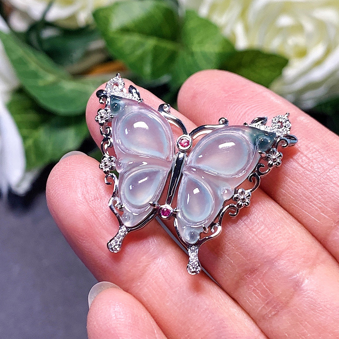 MT20220027 美瞳翡翠A货 翡翠冰种飘花蝴蝶吊坠