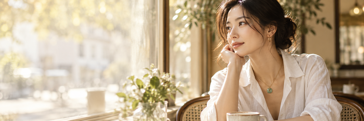 Warm cafe portrait with delicate jewelry