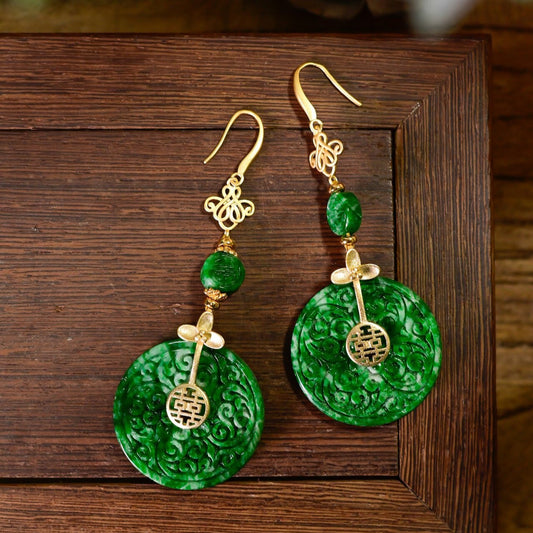 MT20250001 美瞳天然A货 辣绿翡翠平安扣雕花耳环